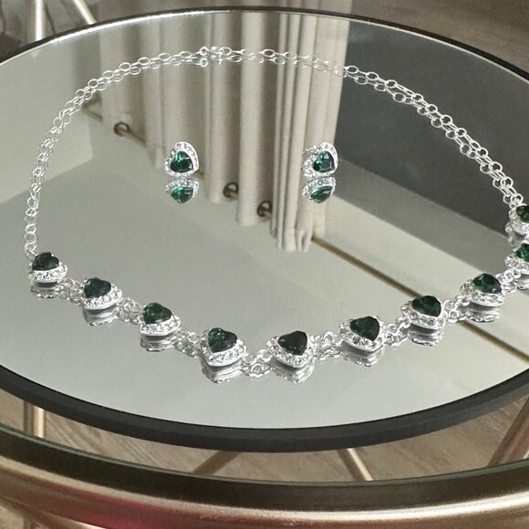 Sterling Silver 925 Choker Heart Green Zircons Stunning Set & Earrings - Picture 7 of 12